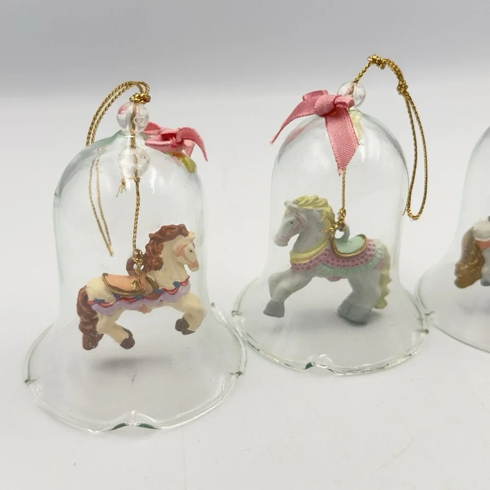 Vintage Set of 4 Clear Glass Bells with Carousel Horses Ornament Ruffled Edges‎